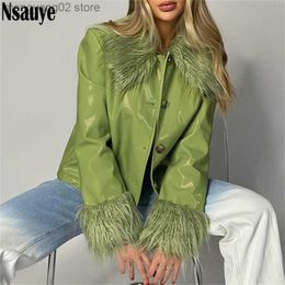 Women's Jackets Nsauye 2021 Winter Women Turn Down Collar Leather Jackets Coat Outwear Vintage Faux Fur Long Sleeve Y2K Casual Short Jacket Tops T230724