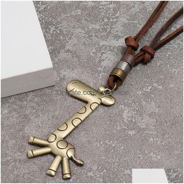 Pendant Necklaces Bronze Animal Giraffe Necklace Adjustable Chain Leather For Women Men Hip Hop Fashion Jewelry Gift Drop Delivery Pen Dhhiz