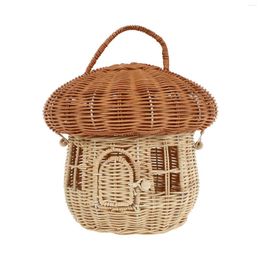 Storage Bottles Wicker Woven Flower Mushroom Basket: Hand Basket Tabletop Fruit Vegetables Serving Organizer With Lid For Kitchen