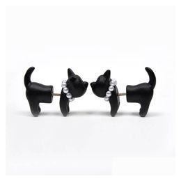 Stud Impalement Black Stereoscopic 3D Cute Cat Handmade Earrings For Women Lovely Pearl Piercing Ear Drop Delivery Jewelry