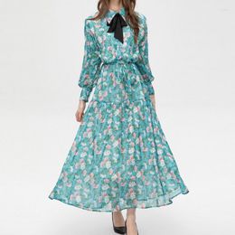 Casual Dresses Women Elegant Bow Blue Printed Pleated Maxi 2023 Runway Designer Vintage Long Sleeve Summer Dress Chiffon Clothes