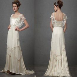 Abiti da sposa vintage avorio anni '20 con maniche Catherine Deane Lita Modest Fairy Lace Chiffon con scollo a V Figura intera 2019 Abiti da sposa Gow331g