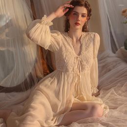 Women's Sleepwear Lace Princess Dress For Women Apricot Court Style Nightgown Sexy See Through Luxury Long Homewear Bride Wedding Robe