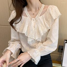 Women's Blouses Womens Tops And Long Lantern Sleeve 2023 Women Cotton Ruffles Blouse V Collar Ladies Lace Shirts Blusas Femme