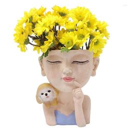 Vases Head Planter Girl And Dog Flower Pot For Indoor Outdoor Plants Plant With Drainage Hole Home Garden Succulents