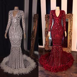 2020 New Sexy Sequins Feather Dark Red Mermaid African Prom Dresses Royal Blue Long Sleeves V Neck Sequined Formal Evening Dress P293j
