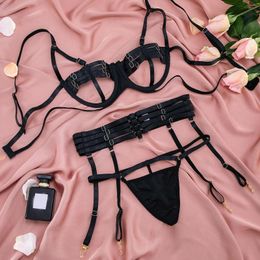 Bras Sets 3 Piece Sexy Lingerie Set Hollow Out Women Temptation Underwear Open Cup Bra Thong Garter Lenceria Sex Suit Porno Costumes