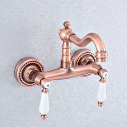 Kitchen Faucets Antique Red Copper Dual Handle Hole Wall Mount Swivel Spout Sink Faucet Bathroom Basin Cold Water Taps Dsf884