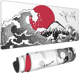 Japanese Kanagawa Wave Sun Mount Fuji Cranes Gaming Keyboard Mouse Pad Mousepad Extended XL Stitched Edge Rubber Sole 31.5X11.8