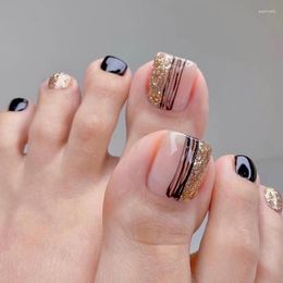 False Nails 24pcs Toe Press On Summer Black Line Gold Powder Wearing Nail Finished Removable Sheet Accessory