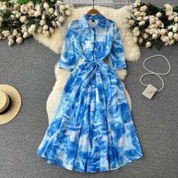 Casual Dresses French Retro Summer Dress For Women Bow Lace-up Polo Collar Single Breasted Maxi Tie-dye Female Vestidos Dropship