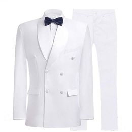 New Arrival Double-Breasted White Groom Tuxedos Shawl Lapel Men Suits 2 pieces Wedding Prom Dinner Blazer Jacket Pants Tie W912258l