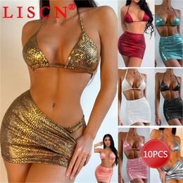 Women's Swimwear 10sets Bulk Items Wholesale Lots Thong Bikini Sets 2023 Beach 3 Piece Bathing Suit Bandage for Women Sexy K1170203 230724