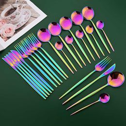 6People Rainbow Dinnerware Set Mirror Stainless Steel Cutlery Set Dinner Knife Fork Teaspoon Tableware Set Luxury Party Flatware L230704