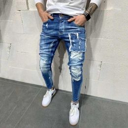 Men's EU/US Size Mens Ripped and Slim-fit Casual Fashion Style Biker Jeans with Hole L230724