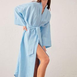 Women's Sleepwear Cotton Women Robes With Sashes Loose Long Sleeve V Neck Midi Bathrobe Solid Casual Home Robe Female Sexy Nightwear Spring