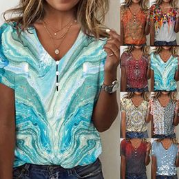 Women's Blouses Printed Short Sleeve Top 2023 Summer Ethnic Style Sexy V-neck Casual Hollow Loose