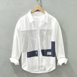 Men's Casual Shirts Korean Fashion Short Sleeve Striped Patchwork Chic Loose Cotton Premium Vintage Blouses Daily White Tops