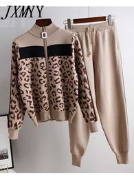 Women's Jackets Tracksuit Women Leopard Knit Zip Cardigan Tops+Pants Suit 2PCS Sets Long Sleeve Jacket Coat Woman Casual Sweater Trousers Suits L230724