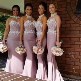 2022 Hater Beach Mermaid Bridesmaid Dresses Sheer Neck Applique Satin Long Custom Made Maid of Honour Gowns Formal Dresses253g