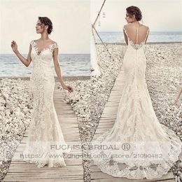 Cap Sleeved Champagne Lace Wedding Dress with Illusion Back Fit to Flare Slim Bridal Dress Gown Custom Made213Y