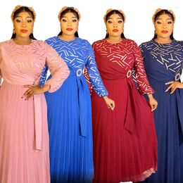 Ethnic Clothing African Party Wedding Dresses For Women Summer Autumn Long Sleeve O-neck Red Blue Pink Pleated Dress Clothes