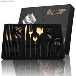 24Pcs Black Handle Golden Cutlery Set Stainless Steel Knife Fork Spoon Tableware Flatware Set Festival Kitchen Dinnerware Gift L230704