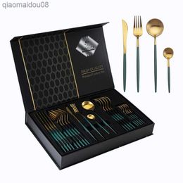 24pcs Stainless Steel Gift Box Set Tableware Gold Plated Knives Forks and Spoons dinnerware set travel cutlery set utensil set L230704