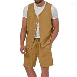 Men's Tracksuits Vintage Pure Colour Cotton Linen Two Piece Suits Men Summer Sleeveless Button Vest Shirt And Shorts Set For Mens Outfits