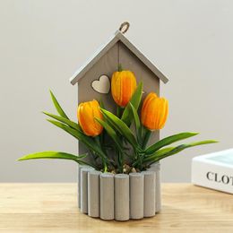 Decorative Flowers 25cm Wall Hanging Plants Artificial Tulip Bonsai Fake Grass With Pot Silk Wooden Crafts For Home Door Decor