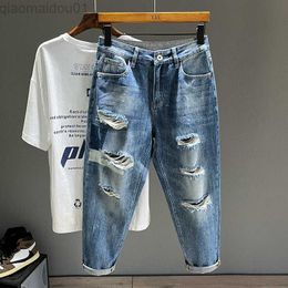 Men's Jeans New Men Jeans Classic Blue Ripped Hole Hip Hop Streetwear Vintage Dilapidated Male Clothing Ankle-Length Denim Pants L230724