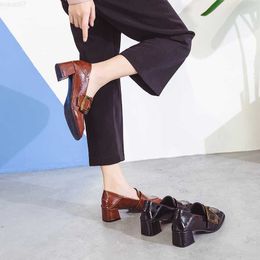 Dress Shoes Famous Brand women retro square toe chunky small leather shoes college style buckle oxfords loafers two wear slip on mules pumps L230724