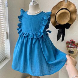 Girl Dresses With Hat Baby Summer Clothes Clothing For Girls One-piece Sundress Blue Ruffle Kid Skirt Straw Solid Retro