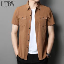 Men's Dress Shirts Men's Breathable Slim Top Short Sleeve Pockets Shirts For Men Casual Solid Colour Clothes Male Work T-shirts For Summer 230721