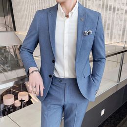 Men's Suits (Jacket Pants) Fashion Pure Colour Leisure Grey Blue Black Slim Fit Men Business Banquet Suit Set