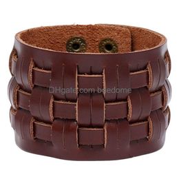 Bangle Knit Motorcycle Wide Cross Leather Cuff Mtilayer Wrap Button Adjustable Bracelet Wristand For Men Women Fashion Jewelry Drop De Dh9Ki