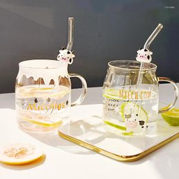 Water Bottles Children's Milk Coffee Glass Cup Home Cartoon Cow Drinking Breakfast Straw 450ml Mugs Child Sippy Drinkware