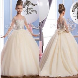 2016 Sheer Neck Beaded Tulle Luxurious Arabic Flower Girl Dresses Vintage Child Pageant Dresses Beautiful Flower Girl Wedding Dres234Y