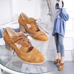 Dress Shoes retro cross tied hollow breathable thick high heel sandals Roman flock shallow brief wooden heel oxford shoes woman sandals 2019 L230724