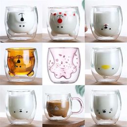 250-300ml Kawaii Cat Paw Glass Mug Double Layer Insulated Glass Cup Explosion Proof Thicken Coffee Milk Cup Adult Kids Gift 211105242O