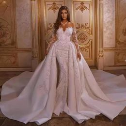 Meerjungfrau Brautkleider 2023 Luxus mit abnehmbarem Rock, applizierte arabische Trompeten-Brautkleider mit langen Ärmeln, böhmische Robe De BC12210E
