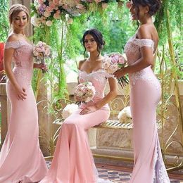 Pink Cheap Bridesmaid DressesOff Shoulder Lace Appliques Mermaid Bridesmaid Dress Back Button Sweep Train Wedding Guest Dresses254T