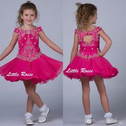 Little Rosie Kids Fuchsia Flower Girls Wedding Dresses Off Shoulder Toddler Cupcake Pageant Gowns Sequins Beading Ruffles Princess230S