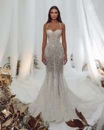 Sexy Mermaid Evening Dresses Sleeveless V Neck Spaghetti Straps Appliques Beads Floor Length 3D Lace Hollow Plus Size Prom Formal Dress Gowns Gowns Party Dress