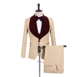 New Arrival One Button Beige Wedding Groom Tuxedos Wine Velvet Shawl Lapel Groomsmen Men Suits Prom Blazer Jacket Pants Vest Tie244a