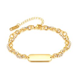 Stainless Steel Cubic Zirconia ID Bracelet Link Chain Gold Blings Fashion Trend Jewelry for WOmen Girls 18.5cm+6cm