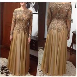 Plus Size Elegante Dourado Linha A Renda Vestidos Mãe da Noiva Chiffon até o chão Zíper nas Costas Vestidos para Mães Formais 226B