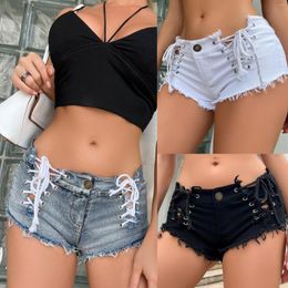 Women's Shorts 2023 Summer Female Sexy Bandage Bodycon High Waist Denim Lace Up Jeans Bar Dj Clubwear