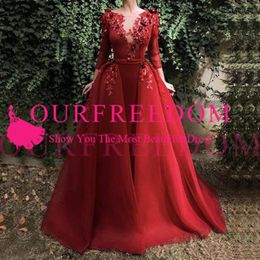 Burgundy Illusion Evening Gown Long Sleeve Sequin Flowers Dubai Kaftan Saudi Arabic Elegant Formal Dress Muslim Evening pageant Dr337a