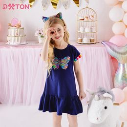 DXTON Summer Girls Dresses Sequin Children Kids Dress Butterfly Rainbow Sleeve Child Dress Toddler Casual Cotton Girls Costumes